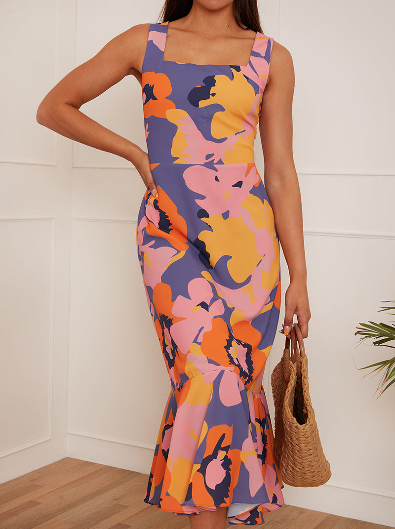 Square Neck Abstract Floral Print Midi Dress in Blue