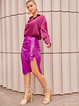 Drape Detail Satin Midi Skirt in Purple
