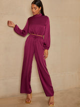 Long Sleeve High Neck Satin Top in Berry