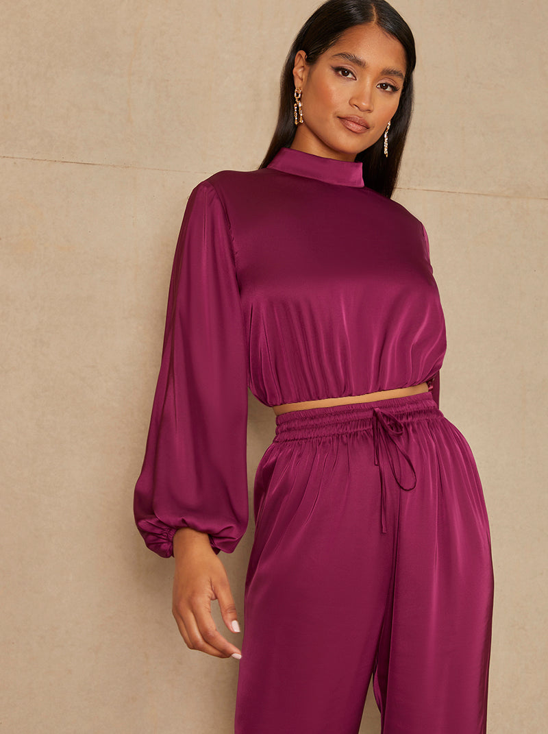 Long Sleeve High Neck Satin Top in Berry