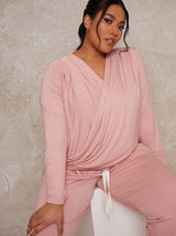 Plus Size Knitted Twist Front Lounge Top in Pink