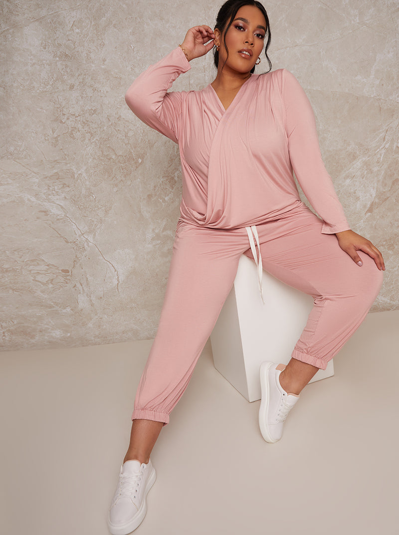 Plus Size Knitted Twist Front Lounge Top in Pink