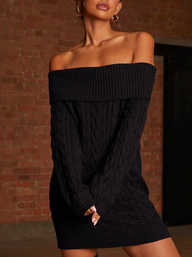 Off-Shoulder Cable Knit Jumper Dress in Black