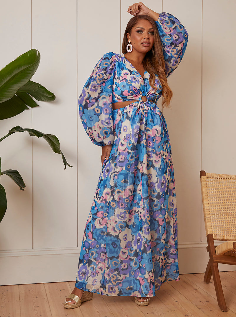 Long Sleeve Ring Detail Floral Maxi Dress in Blue