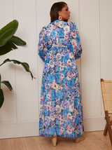 Long Sleeve Ring Detail Floral Maxi Dress in Blue
