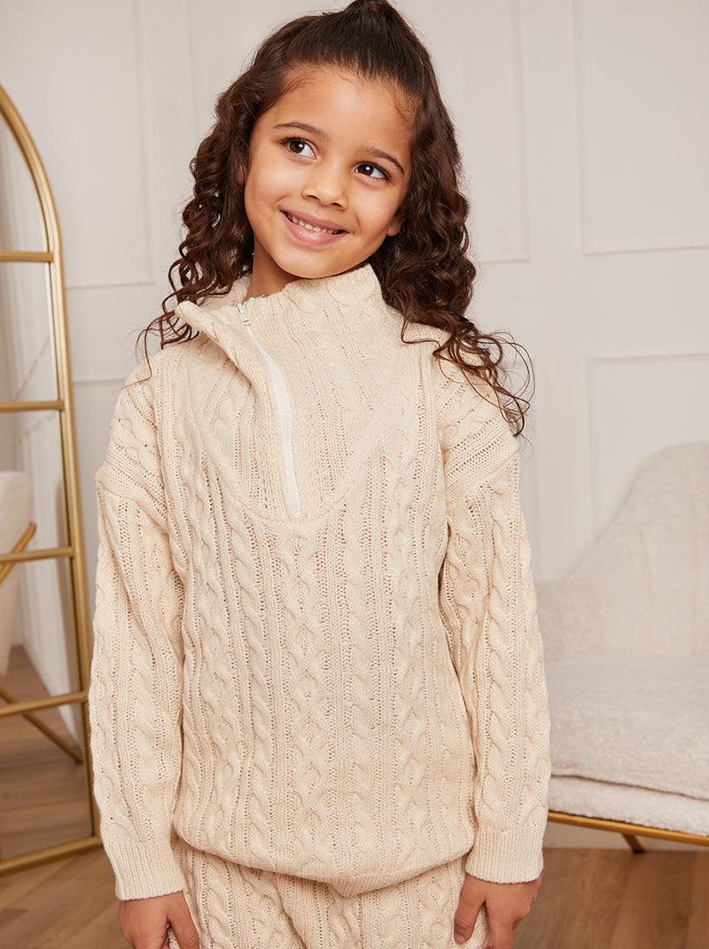 Girls Roll Neck Zip Up Cable Knit Loungewear Set in Cream
