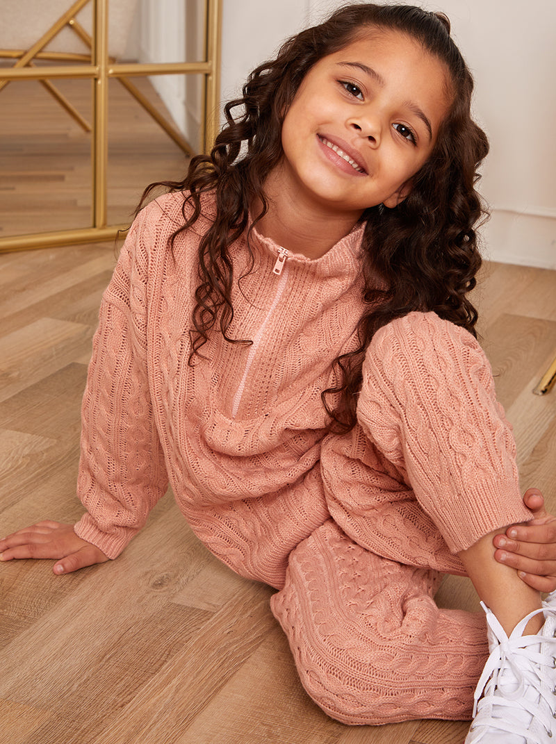 Girls Roll Neck Zip Up Cable Knit Loungewear Set in Pink