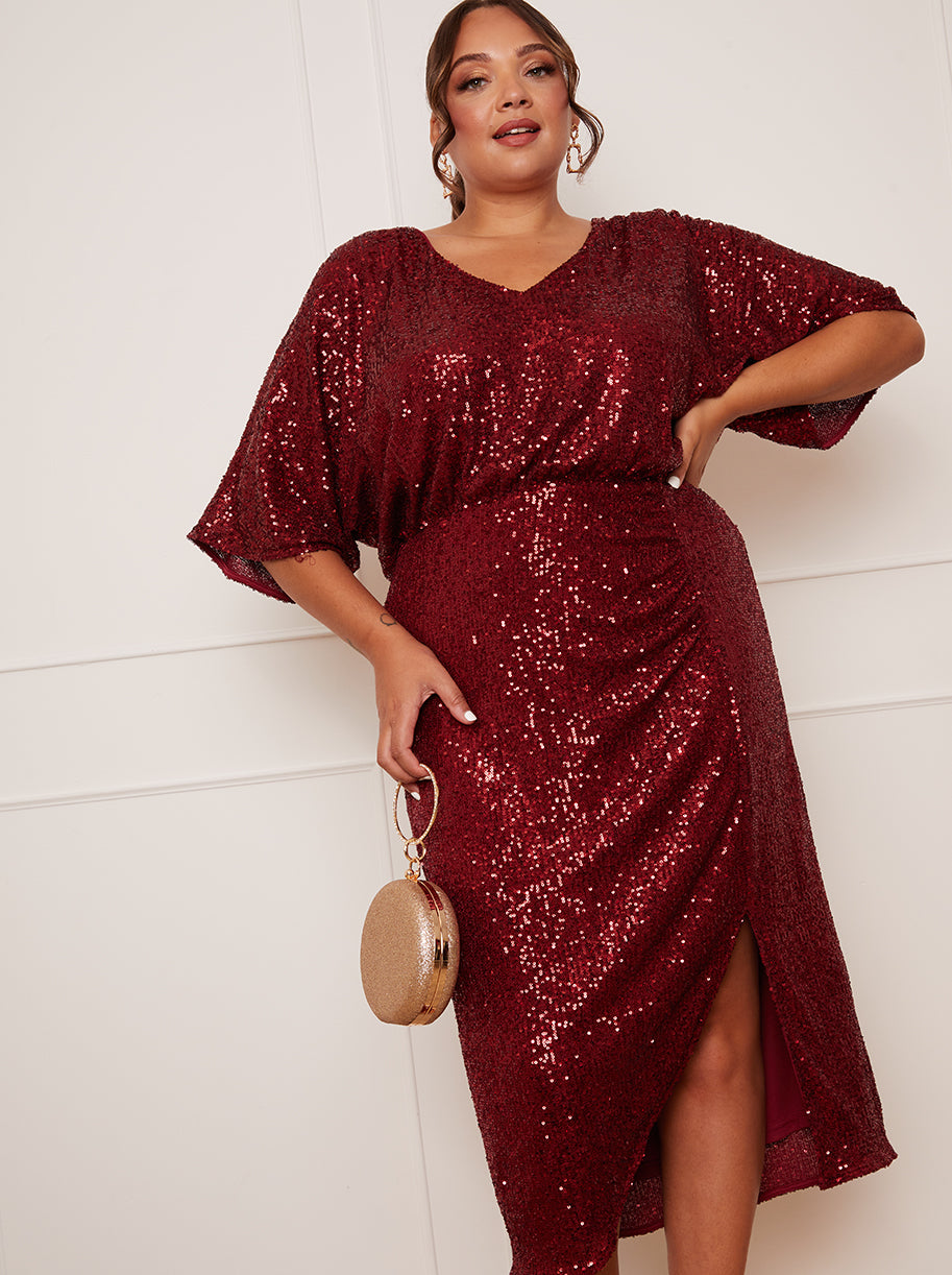 Plus Size V Neck Sequin Midi Dress in Red – Chi Chi London
