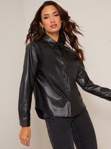 Long Sleeve Faux Leather Shirt in Black