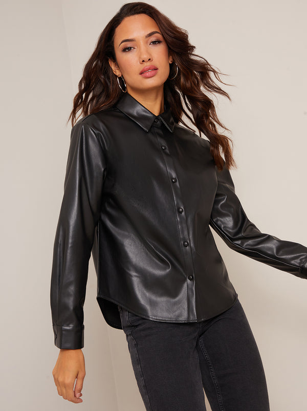 Long Sleeve Faux Leather Shirt in Black
