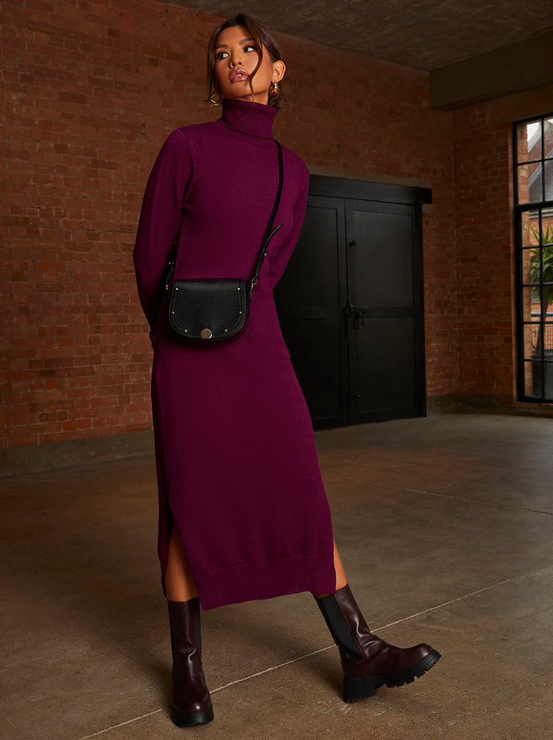Oversized Roll Neck Knitted Dress in Berry