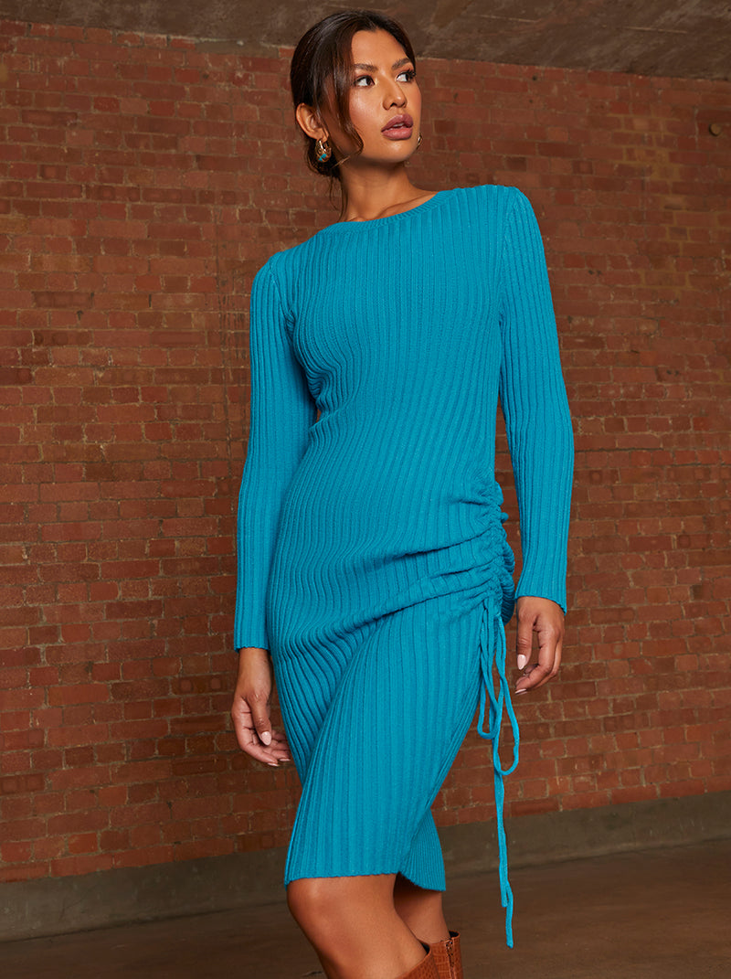 Ruched Side Detail Knitted Midi Dress in Blue