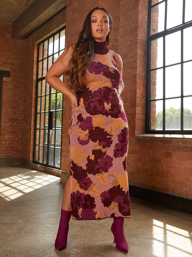 Dark Floral Print High Neck Knitted Midi Dress in Multi