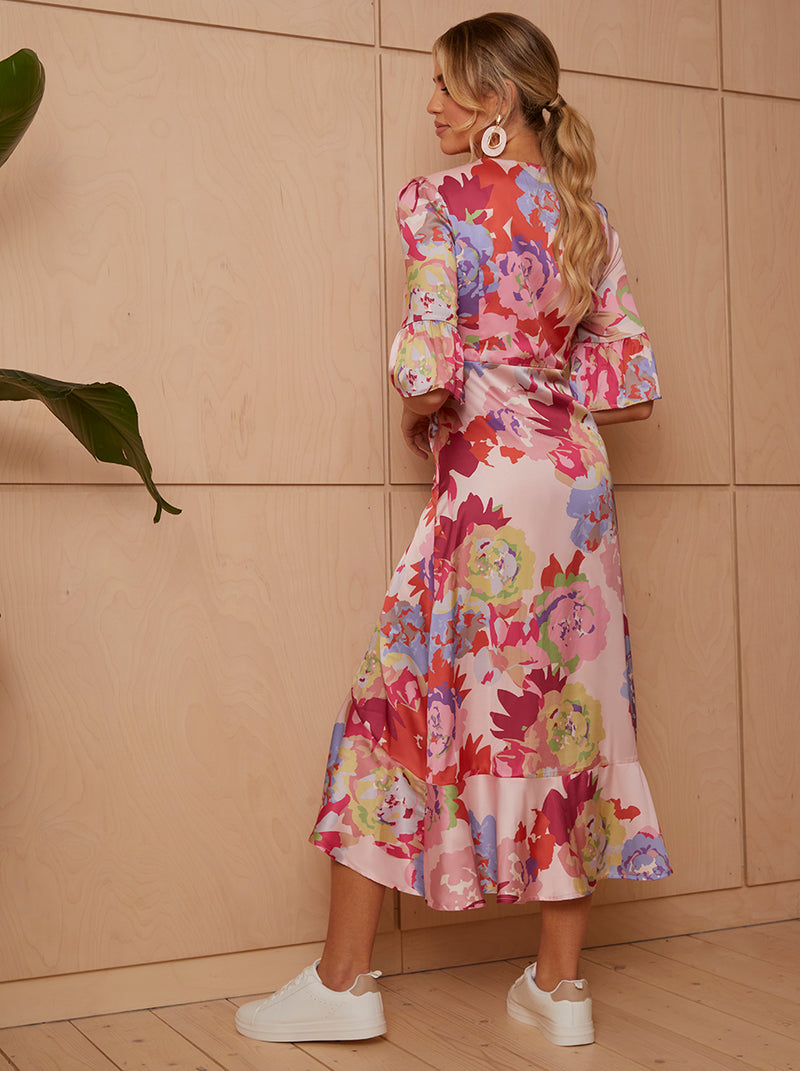 Short Sleeve Tie Front Floral Midi Dress in Pink