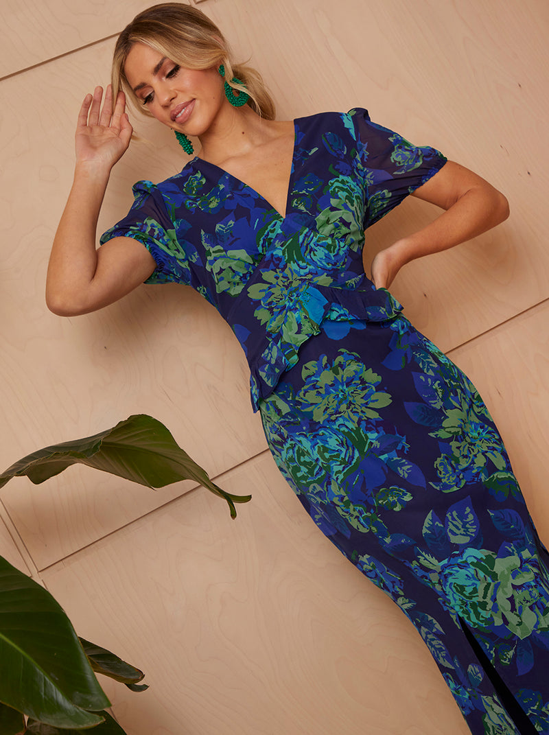 Puff Sleeve Ruflle Detail Floral Midi Dress in Navy