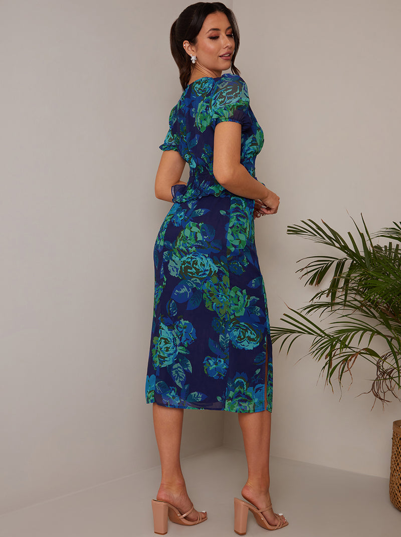 Petite Puff Sleeve Ruffle Detail Floral Midi Dress in Navy