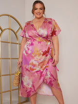 Plus Size Short Sleeve V Neck Floral Midi Dress in Pink