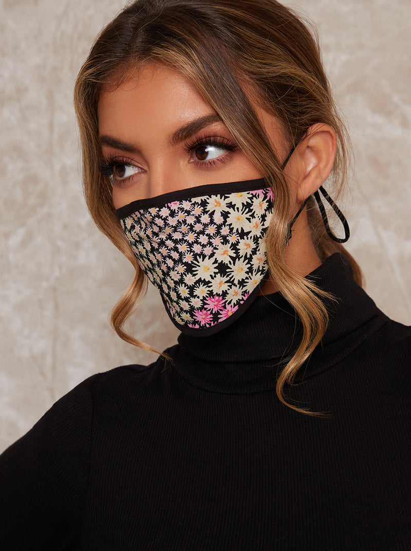 Daisy Print Face Mask in Black