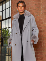 Double Breasted Fur Trim Coat in Grey