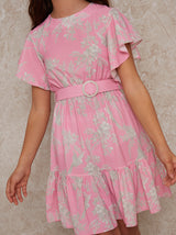Girls Angel Sleeve Ruffle Dress in Pink
