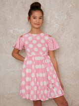 Girls Angel Sleeve Spot Print Dress in Pink
