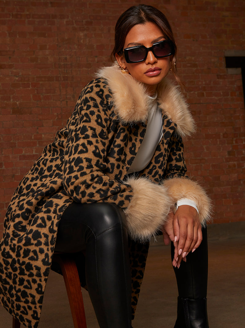 Leopard Print Contrast Faux Fur Trim Coat in Brown