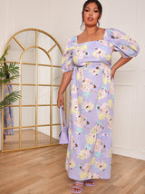 Plus Size Floral Printed Tie Back Maxi Dress in Blue