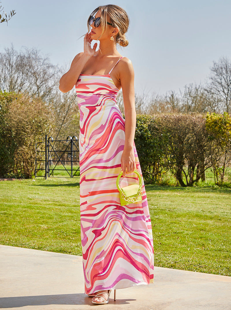 Cami Crossover Strap Swirl Print Maxi Dress in Pink