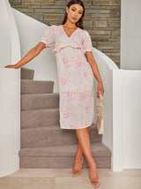 Short Sleeve Floral Printed Midi Dress in Pink
