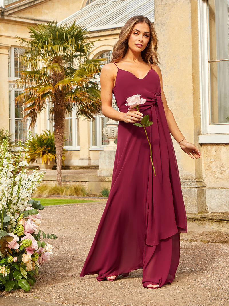 Ruched Wrap Maxi Dress in Wine