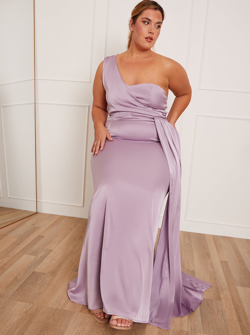 Plus Size One Shoulder Satin Maxi Dress in Lilac