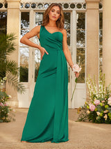 Ruched One Shoulder Satin Maxi Dress in Green