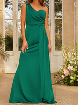 Ruched One Shoulder Satin Maxi Dress in Green