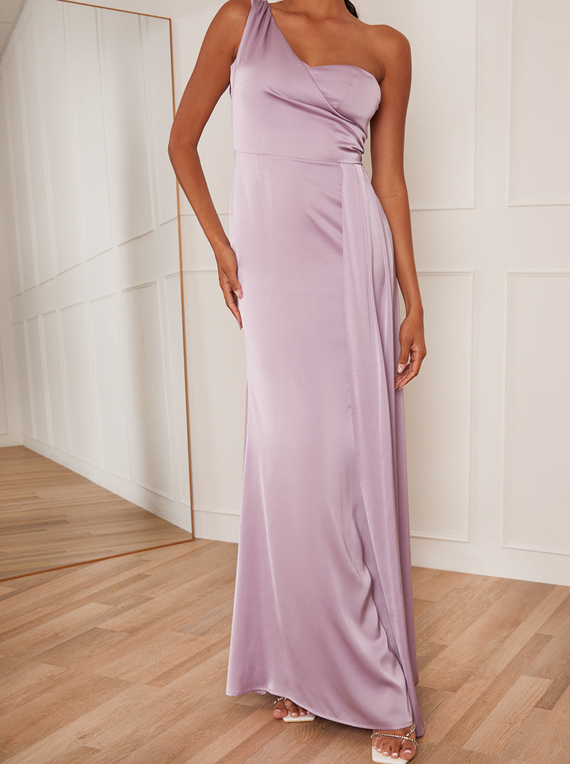 One Shoulder Satin Maxi Dress in Lilac