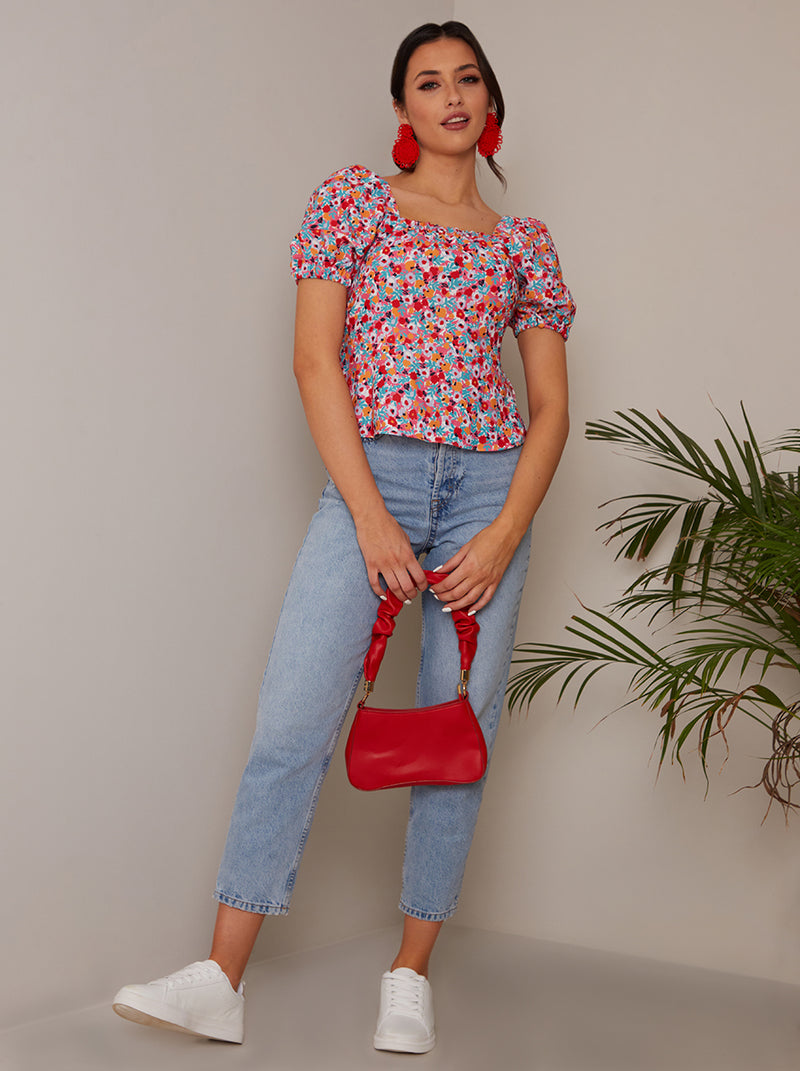 Cross Back Puff Sleeve Floral Top in Red