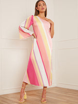 One-Shoulder Long Sleeve Stripe Print Midi Dress in Pink