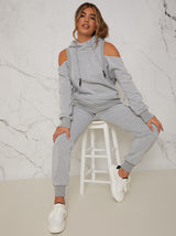 Cold Shoulder Hooded Loungewear Set in Grey