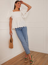 Short Sleeve Broderie Anglaise Peplum Top in White
