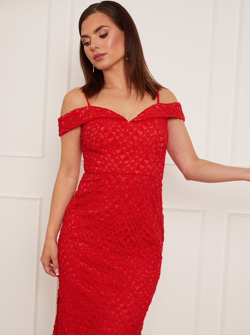 Petite Bardot Premium Lace Midi Dress in Red