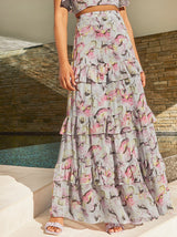 Ruffle Floral Tiered Maxi Skirt in Grey