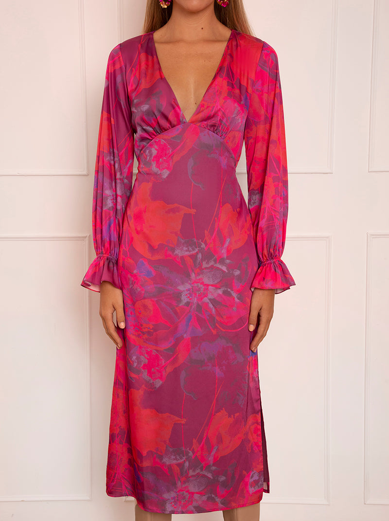 Long Sleeve V Neck Floral Print Dress in Pink