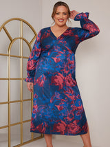 Plus Size Long Sleeve V Neck Floral Print Dress in Navy