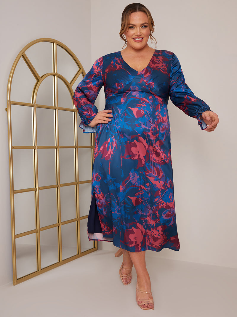 Plus Size Long Sleeve V Neck Floral Print Dress in Navy