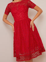 Short Sleeve Premium Lace Dress in Red