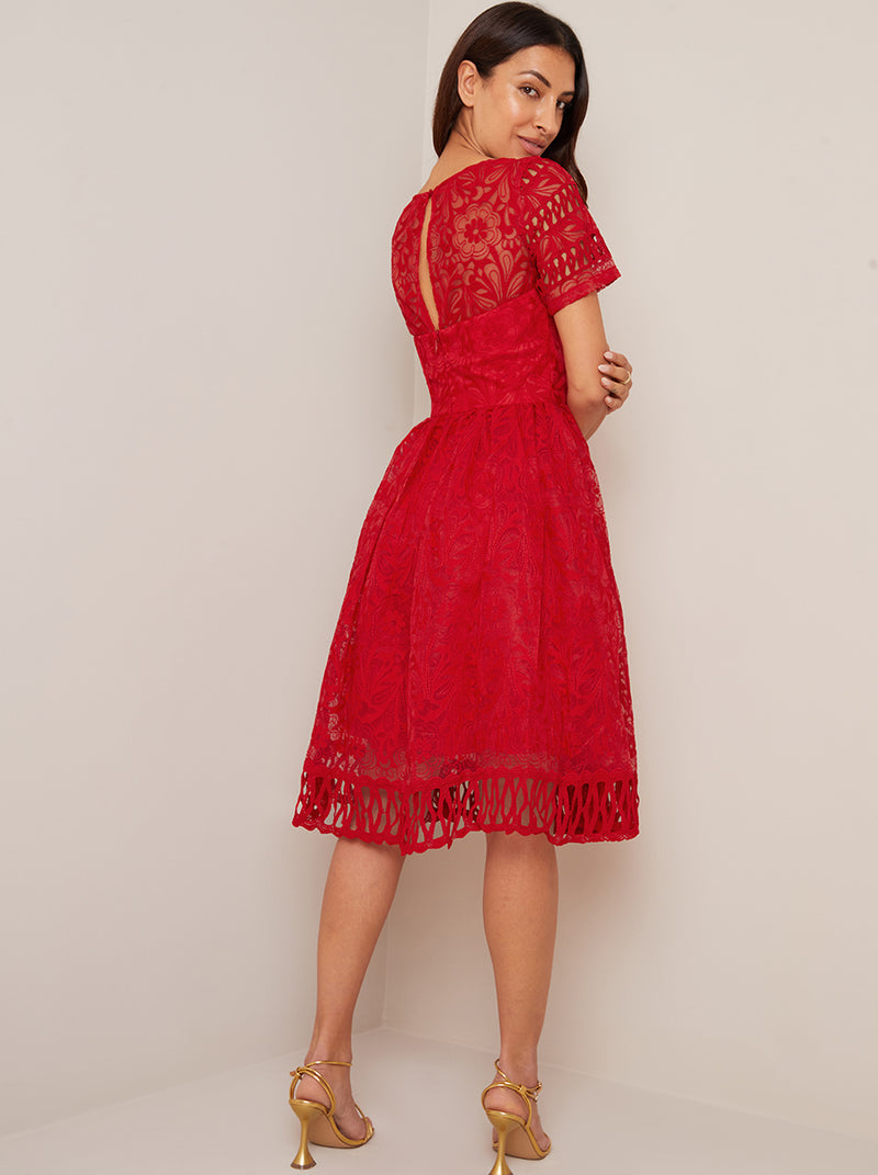 Short Sleeve Premium Lace Dress in Red