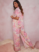 Plus Size Floral Print Ruffle Detail Pyjama Set in Pink