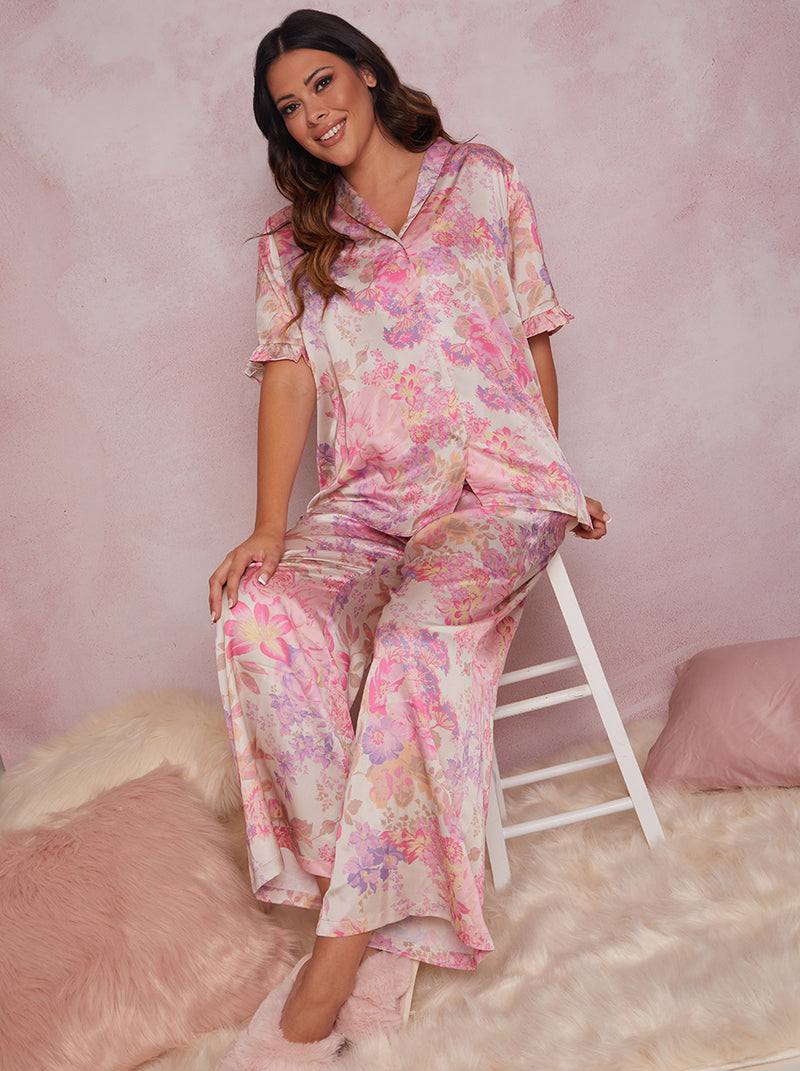 Plus Size Floral Print Ruffle Detail Pyjama Set in Pink