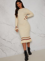 Knitted Jumper Dress with Ruffle Hem and Stripe Detail in Cream