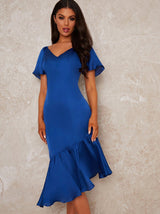 Angel Sleeve V Neck Satin Feel Dip Midi Dress in Blue