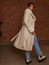 Faux Leather Longline Coat with Faux Fur Trim in Taupe